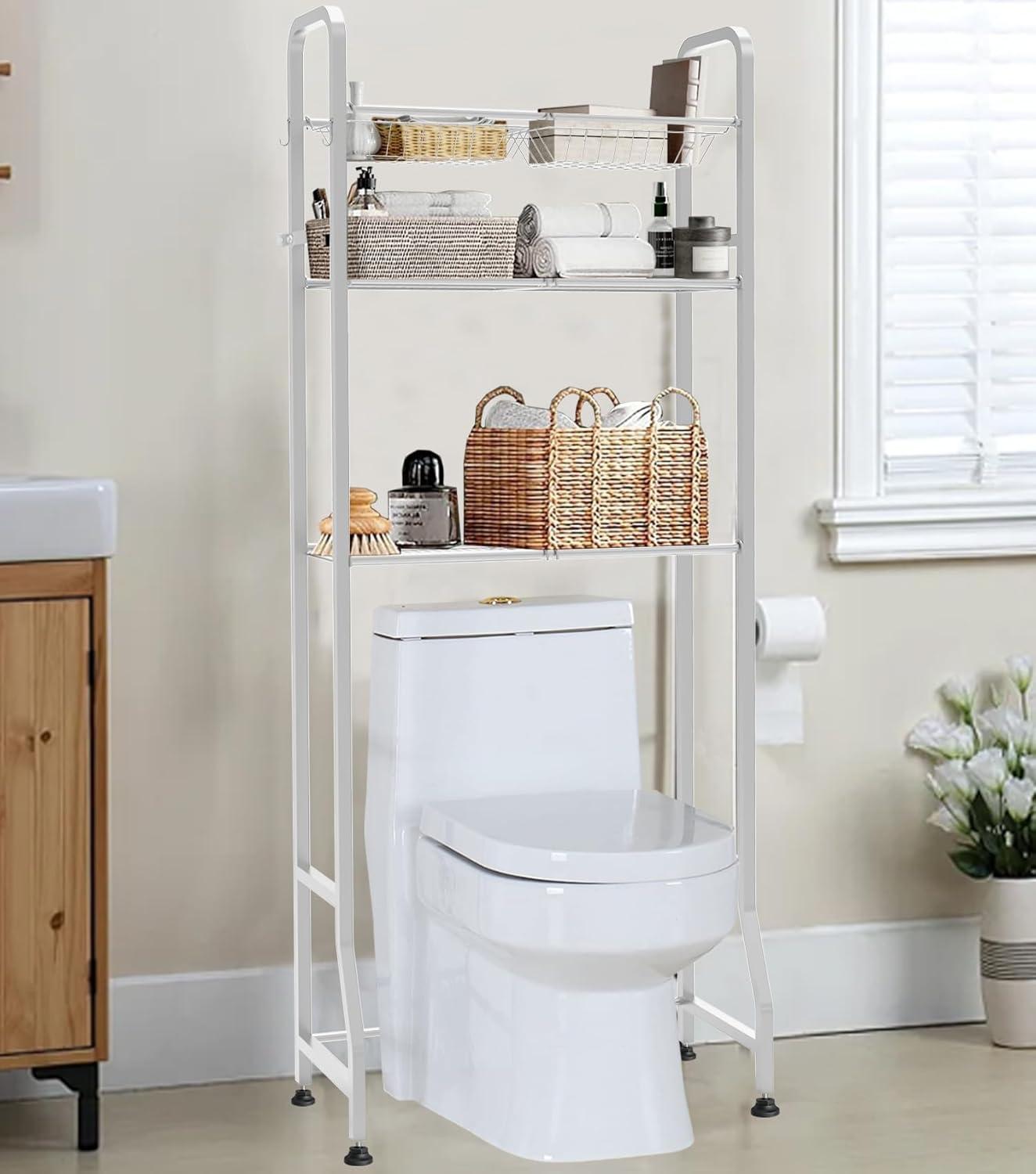 Over The Toilet Storage Shelf For Bathroom, 3-Tier Above Toilet Rack Bathroom Organizer With Adjustable Shelves And Hanging Hooks, Easy To Assemble & Space Saving, White