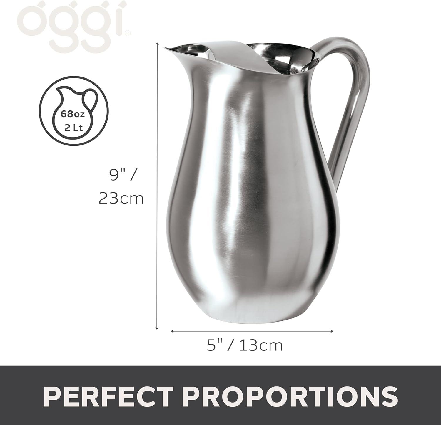 68 oz Silver Stainless Steel Beverage Pitcher with Ice Guard