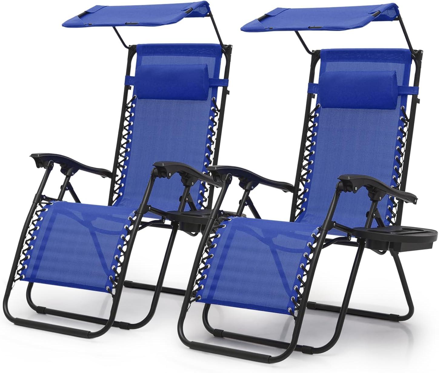 Magshion Set of 2 Zero Gravity Chair Outdoor Folding Recliner Lounge Chair with Adjustable Sunshade Canopy and Cup Holder, Blue