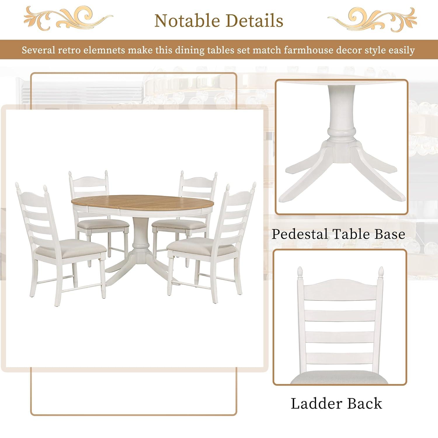 MERITLINE Dining Table Set, 5-Piece Retro Functional Dining Table Set, Wood Round Extendable Dining Table and 4 Upholstered Dining Chairs（Off White）