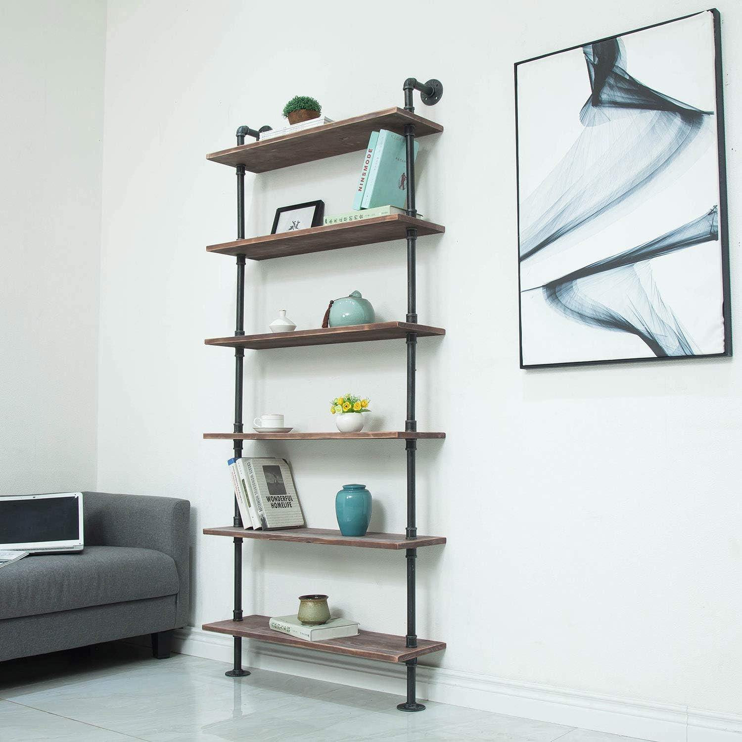 Industrial Pine and Black 6-Shelf Wall Mounted Bookshelf