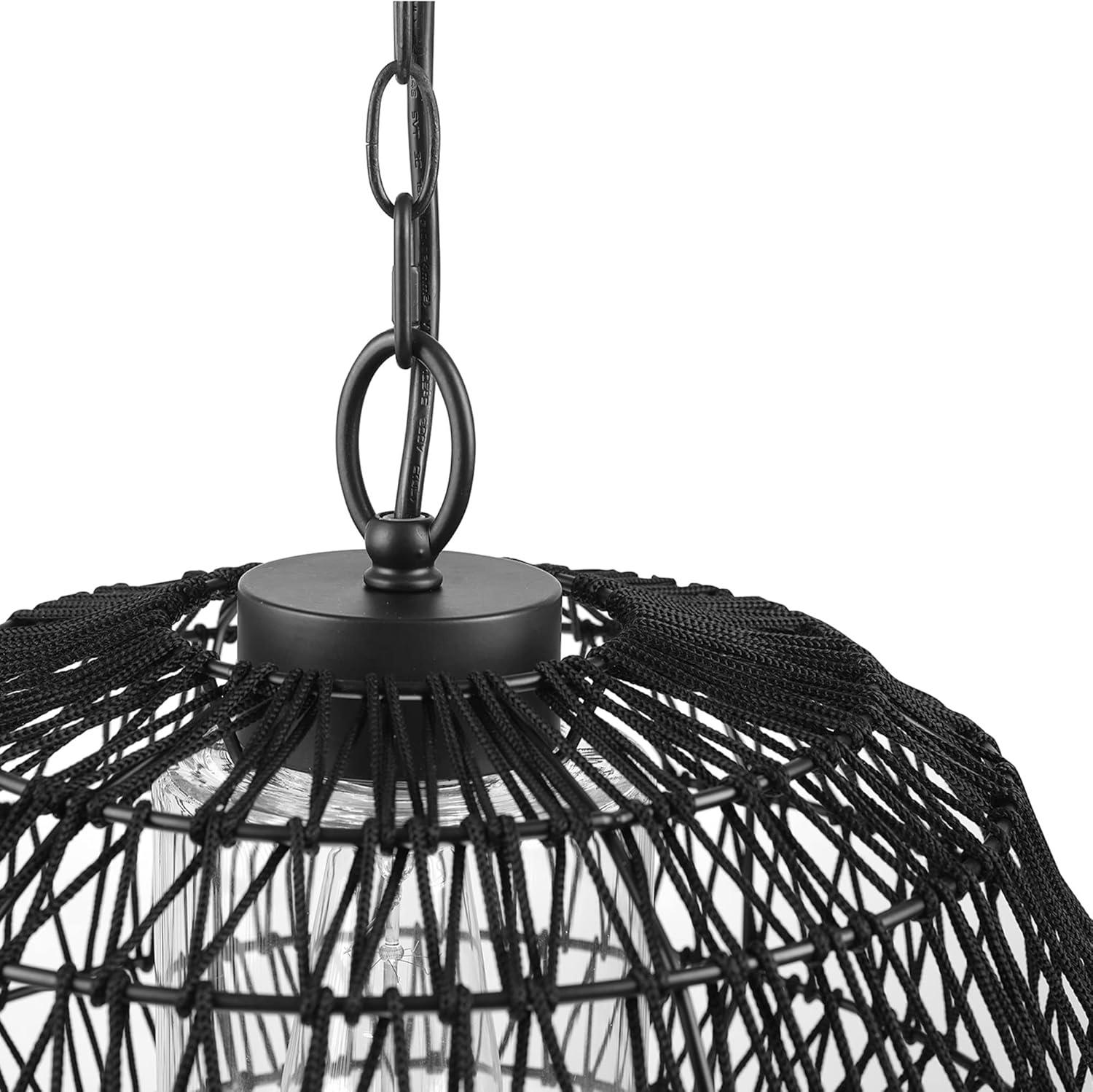 Novogratz x Globe Diego 1-Light Matte Black Woven Fabric Outdoor Plug-In Pendant Light: ETL Listed, Adjustable Height