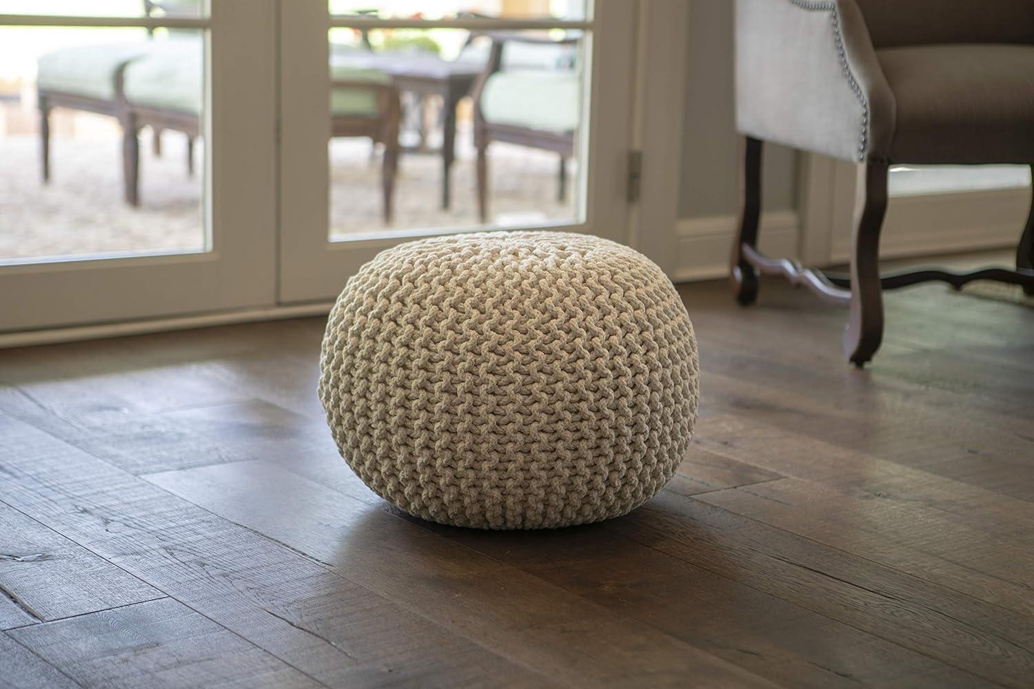 Off-White Cotton Lurex Round Storage Pouf, 20"