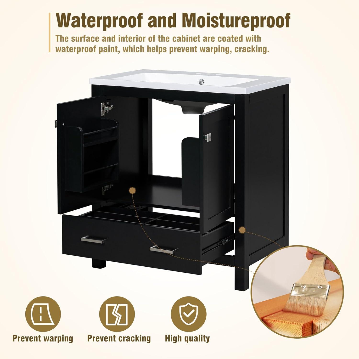 30" Bathroom Vanity with Sink, Modern Under Sink Cabinet with 2 Doors and 1 Drawer, Floor Storage Cabinet for Bathroom with Removable Divider and Double Shelf, Black