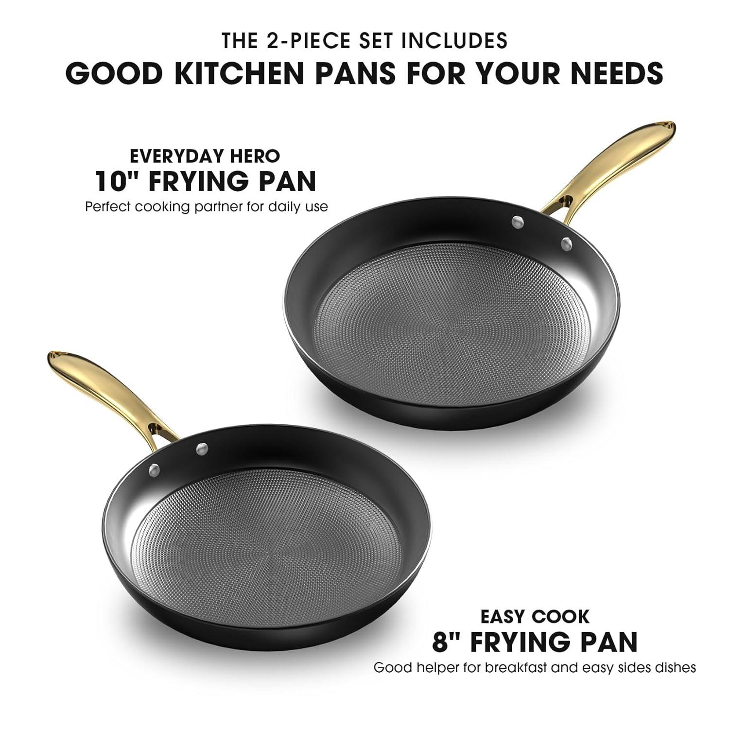 imarku Non Stick Frying Pans, Professional Cast Iron Skillets 2 Pcs - 8 Inch & 10 Inch Frying Pans Nonstick, Honeycomb Long Lasting Frying Pan Set Gold Handle Oven Safe Pan, New Home Essentials