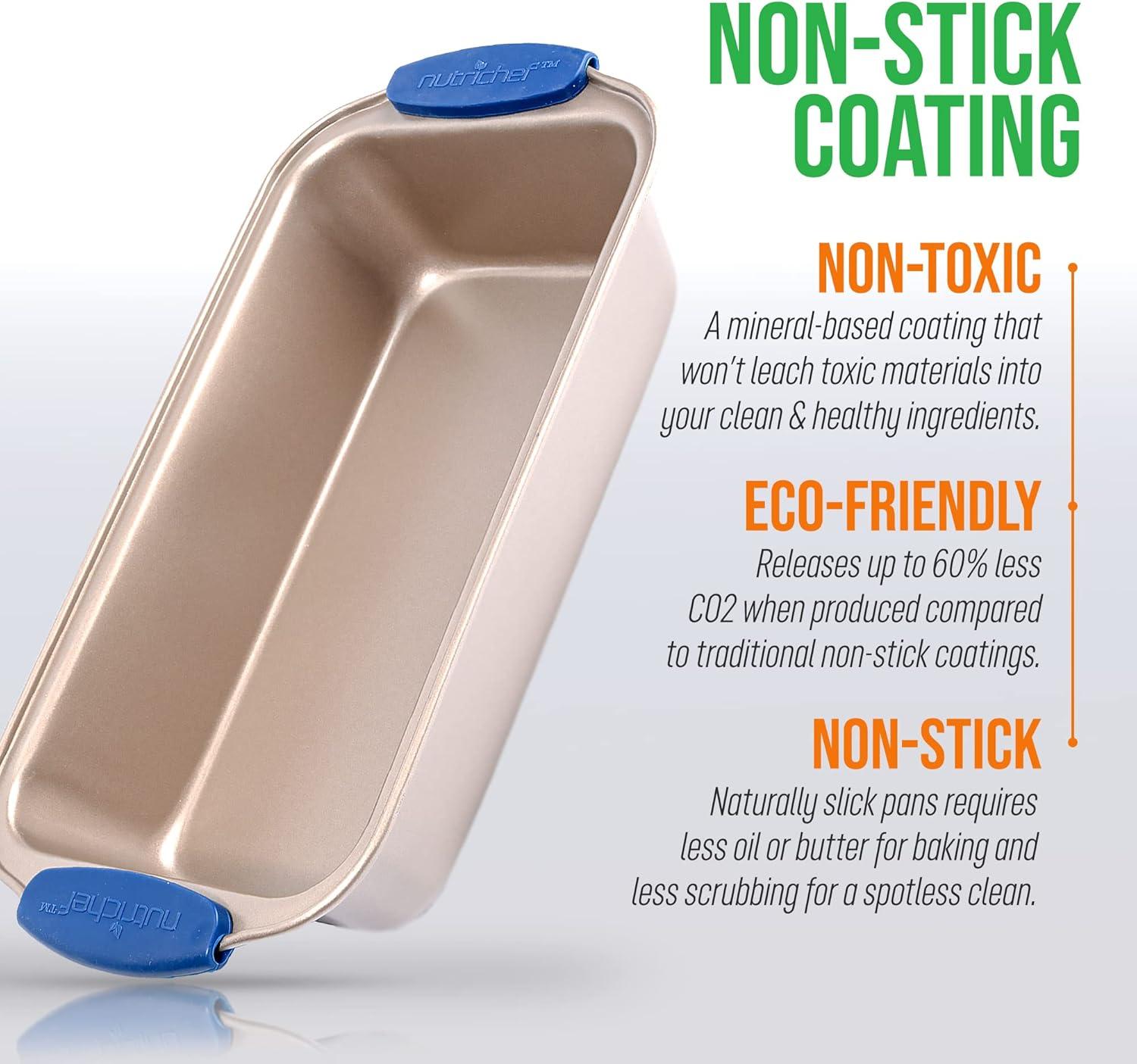 NutriChef Non-Stick Loaf Pan - Deluxe Nonstick Gold Coating Inside and Outside with Blue Silicone Handles