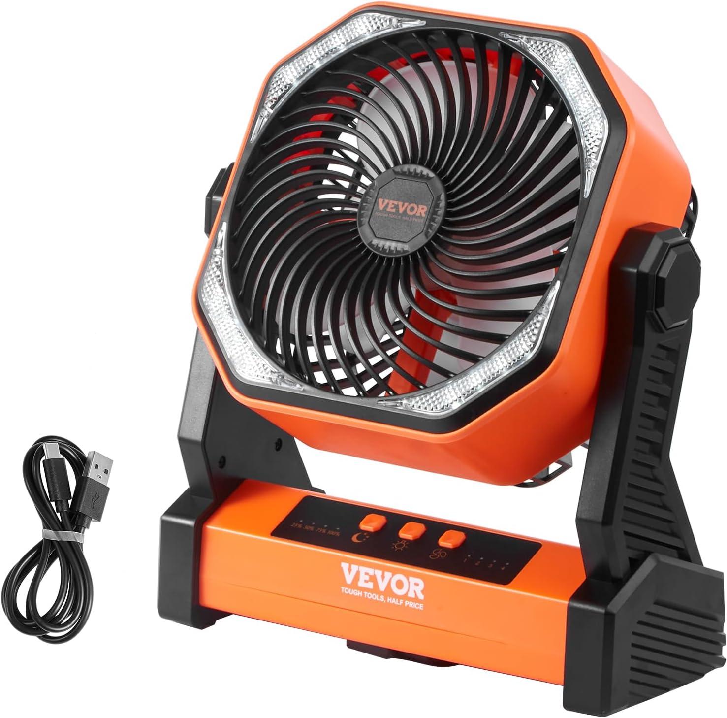 VEVOR 8-Inch Orange Rechargeable Desk Fan with LED Lantern