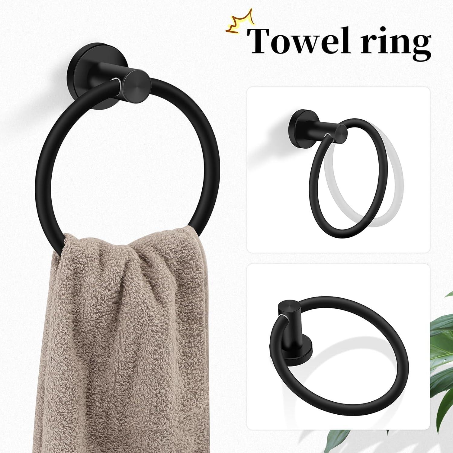 4 Piece Matte Black Stainless Steel Bathroom Hardware Set Include Hand Towel Ring, Toilet Paper Holder,and 2 Robe Towel Hooks,Bathroom Accessories Kit