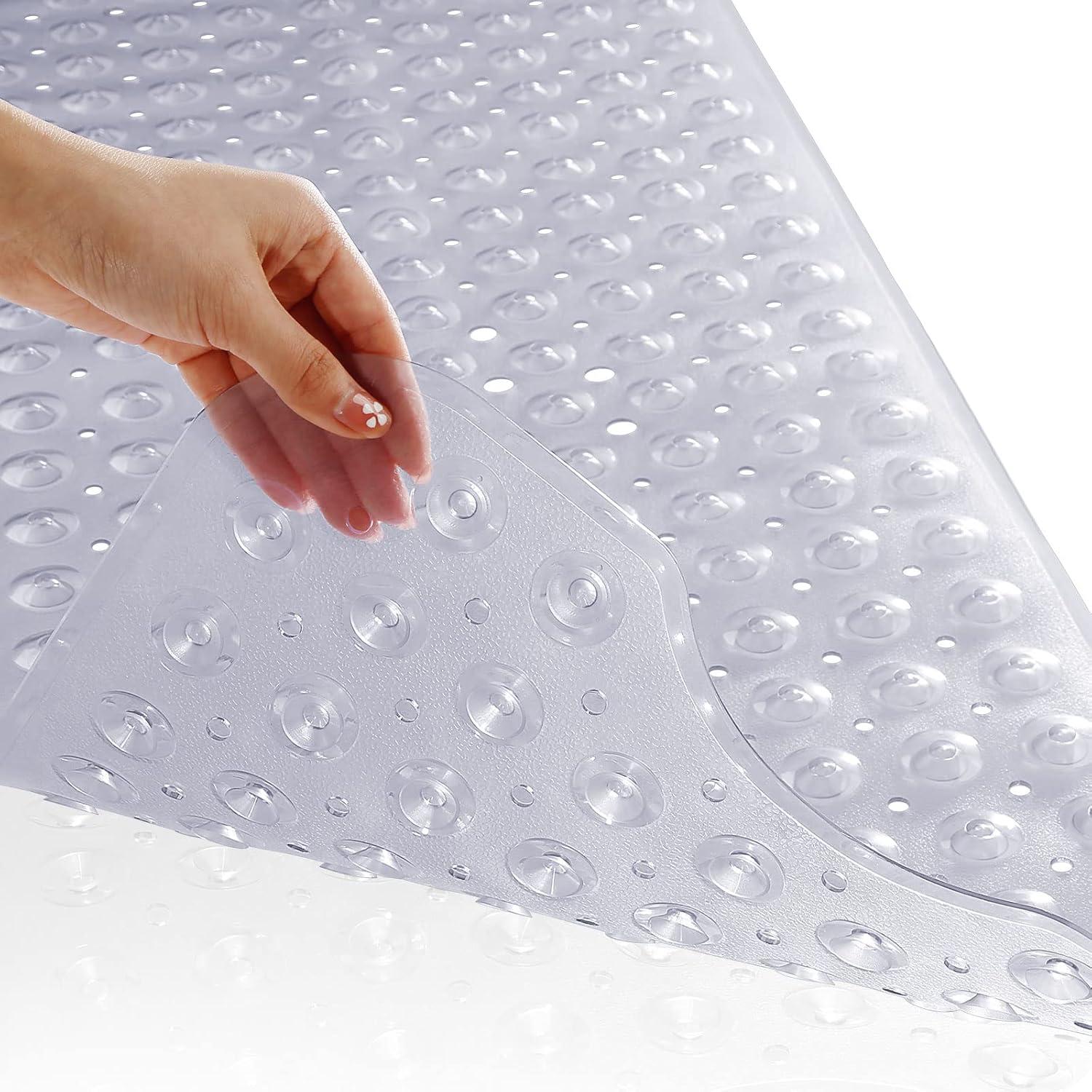Yimobra Non Slip Bathtub Mat, Super Strong Suction Cups, 40"x16" Extra Long Shower Mat with Drain Holes, Machine Washable Fast Draining Bathroom Floor Mat, Clear Grey