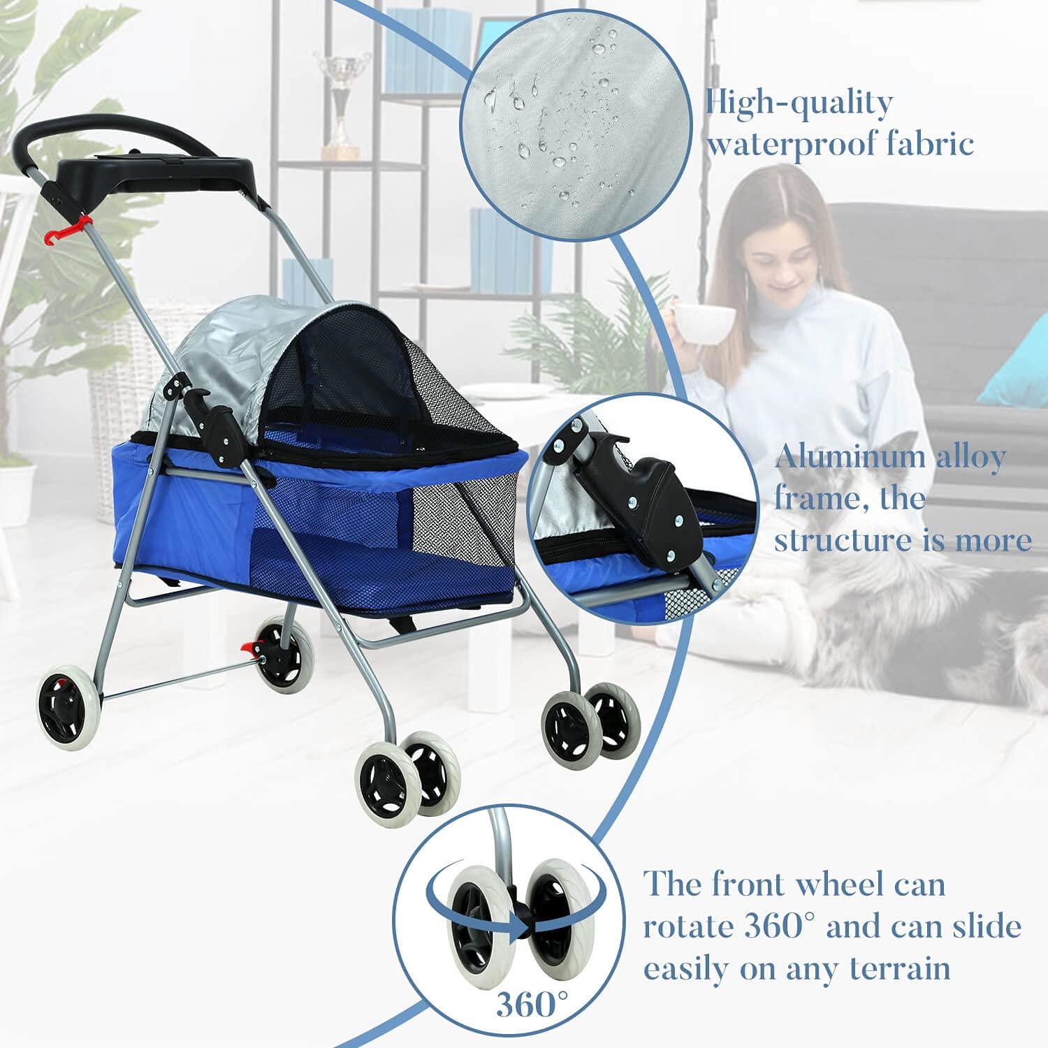 FDW 4 Wheels Pet Stroller Cat Dog Stroller Portable Folding Travel Carrier Strolling Cart Waterproof with Storage Basket,Mesh Windows, Yellow Plaid