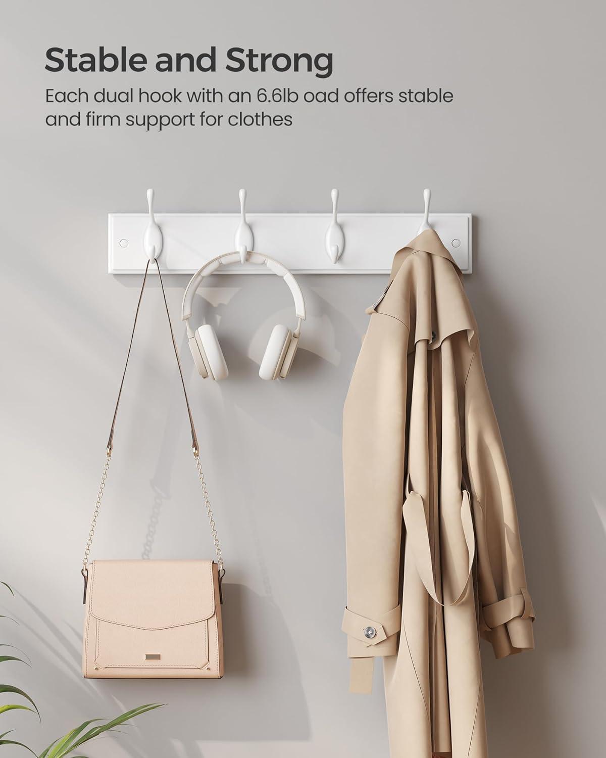SONGMICS Wooden Wall-Mount Coat Rack with 4 Metal Hooks, White