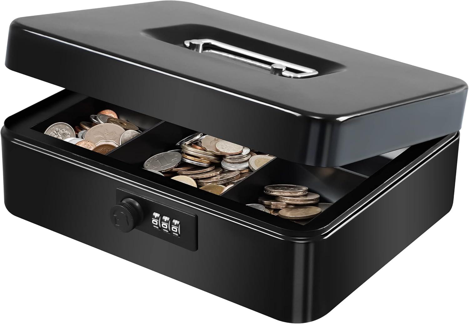 KYODOLED Large Cash Box with Combination Lock Safe Metal Money Box with Money Tray for Security Lock Box 9.84"x 7.87"x 3.54" Black Large Black