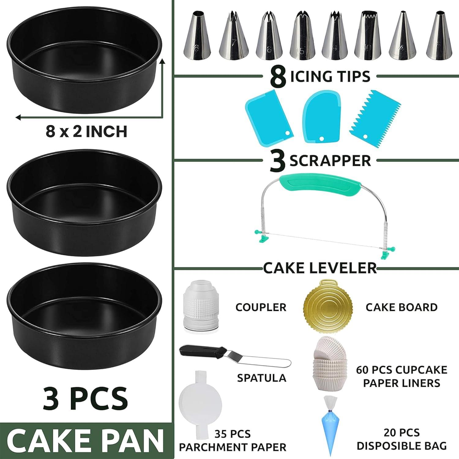 RFAQK 133PCs Round Cake Pans Sets for Baking + Cake Decorating Supplies - 3 Non-Stick 8 Inch Cake Pan with Baking Supplies, Piping Tips, Cake Leveler, Icing Spatula and 35 Parchment Papers with eBook