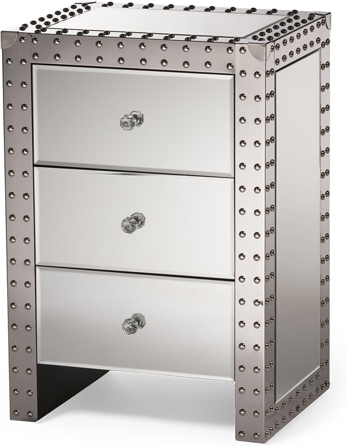 Azura Silver Mirrored 3-Drawer Nightstand with Nailhead Trim