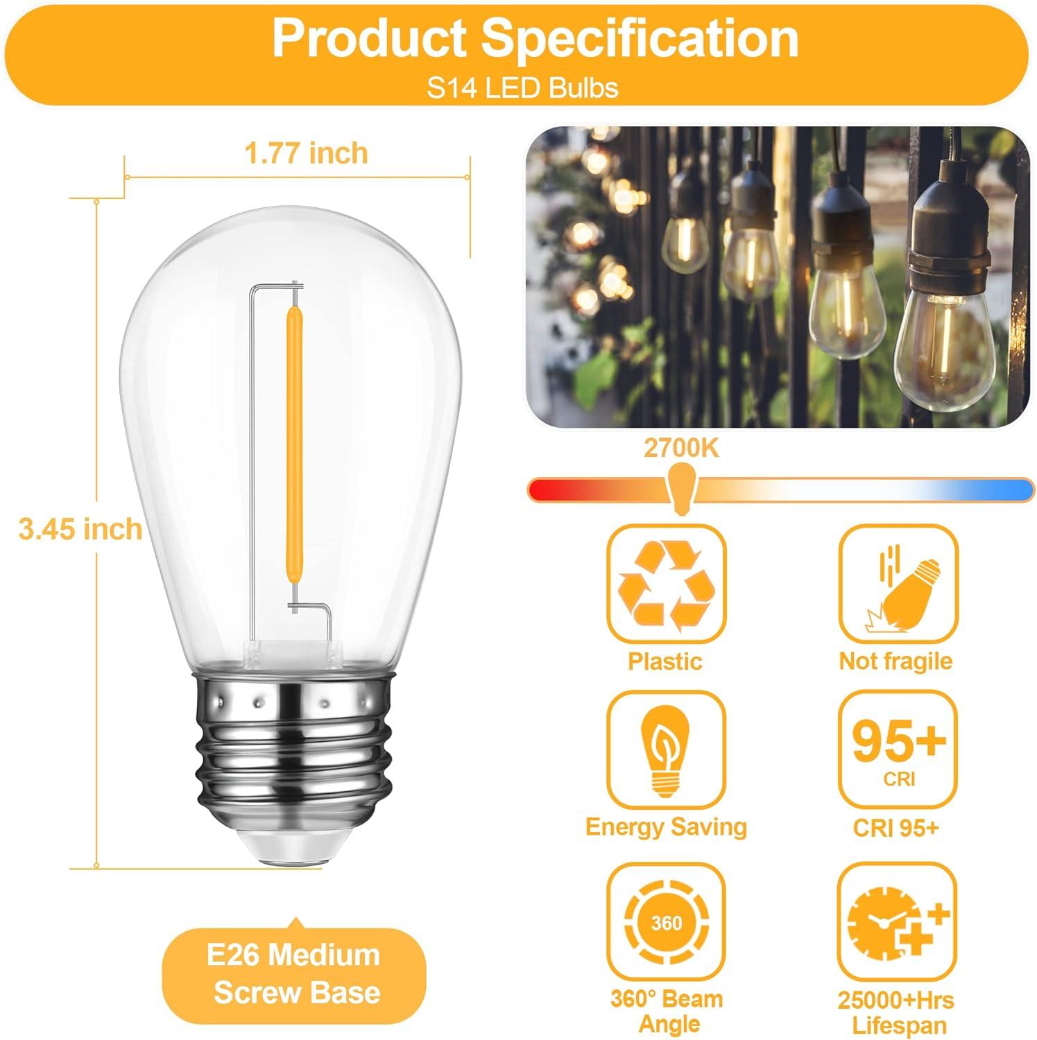 15-Pack Clear LED S14 Warm White Outdoor String Light Bulbs