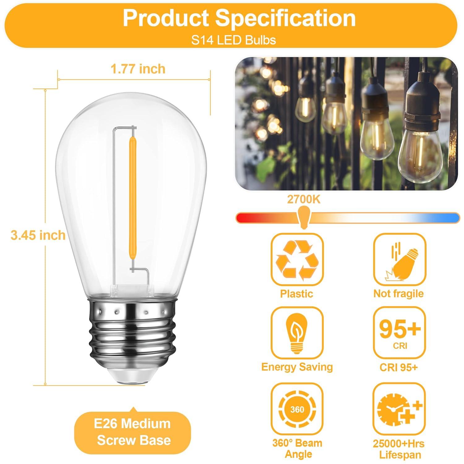 Svater Replacement Bulbs for Outdoor String Lights, 15 Pack S14 LED Bulbs for Patio, E26 Base 1W Bulb Equal to 11W Incandescent, Dimmable,Shatterproof 2700K Warm White