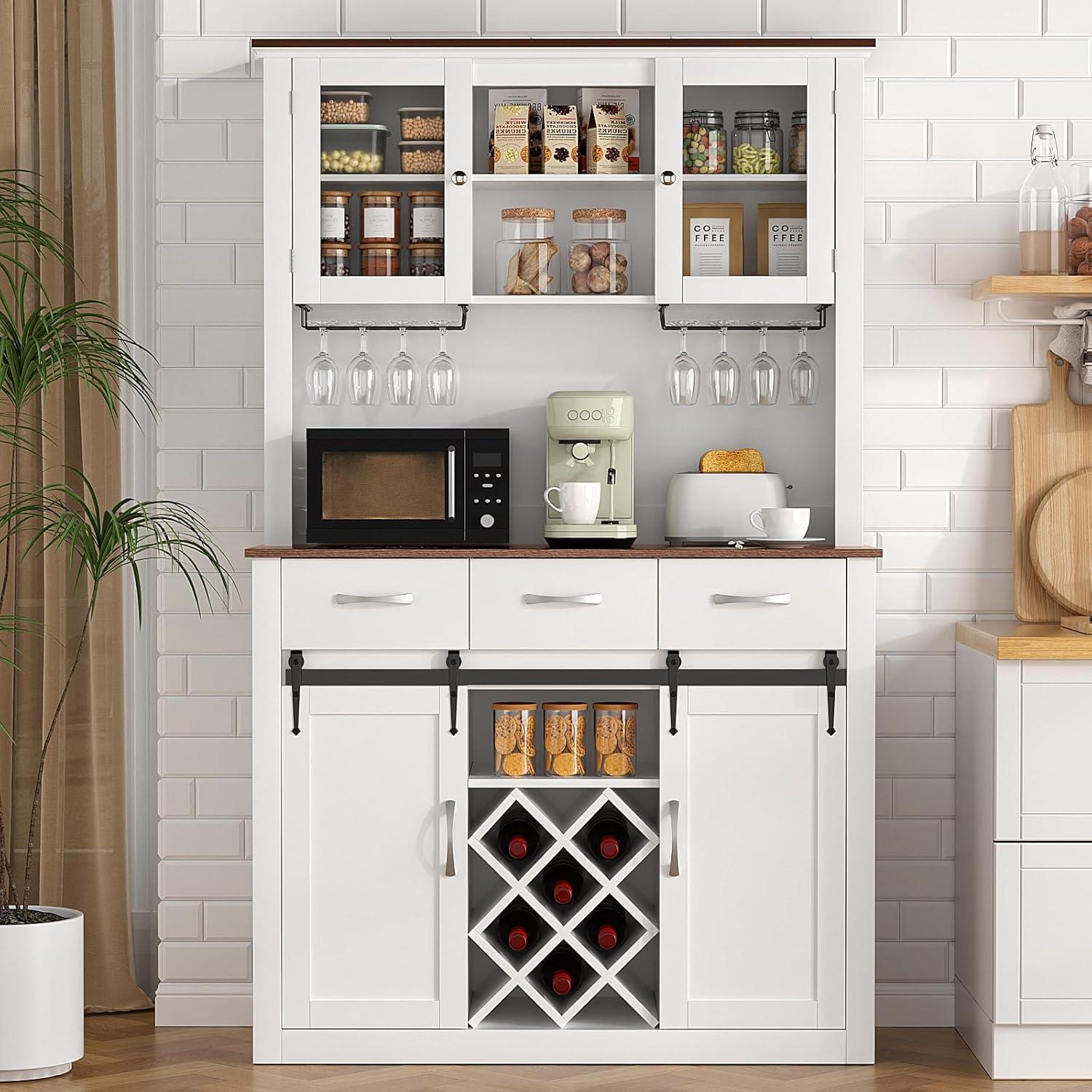 VOWNER 72" Tall Farmhouse Bar Cabinet with Sliding Barn Doors, Kitchen Pantry Storage Cabinet with Wine&Glass Racks, Hutch Buffet Cabinet with Drawers for Dining Room (White)