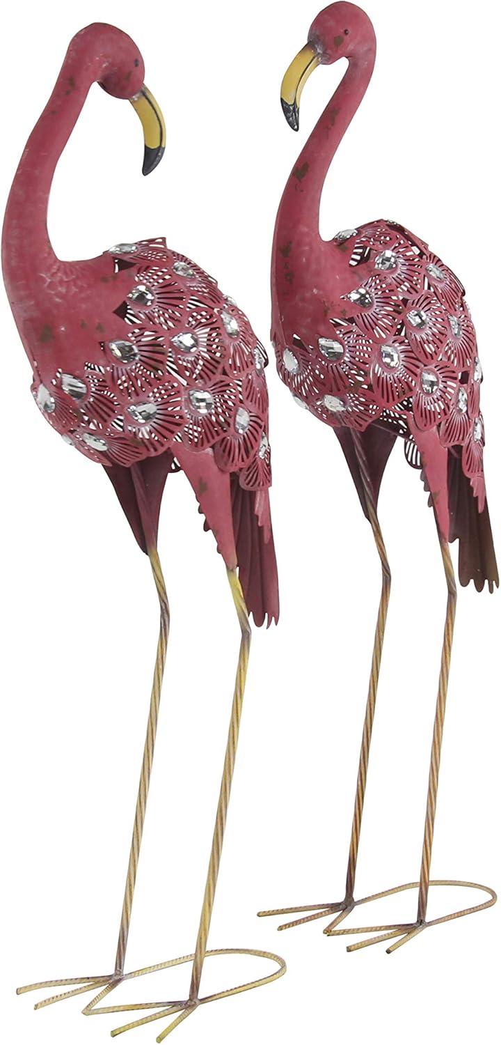 DecMode Coastal Outdoor Metal Standing Pink Flamingo Garden Sculpture, Set of 2 10"W x 38"H