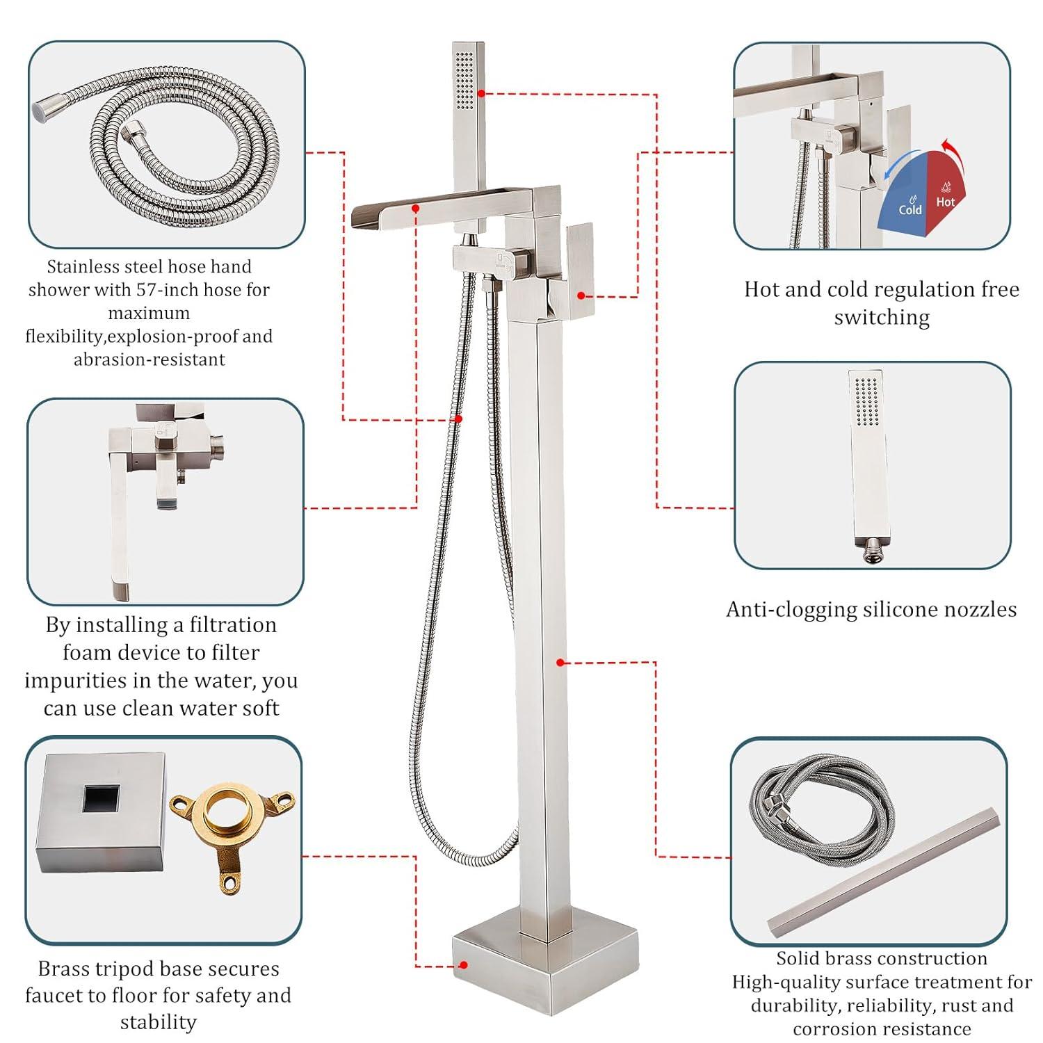 AlenArtWater Waterfall Tub Filler Freestanding Bathtub Faucet Floor Mount Brass Single Handle Bathroom Faucets with Hand Shower 93-LJQKCZ