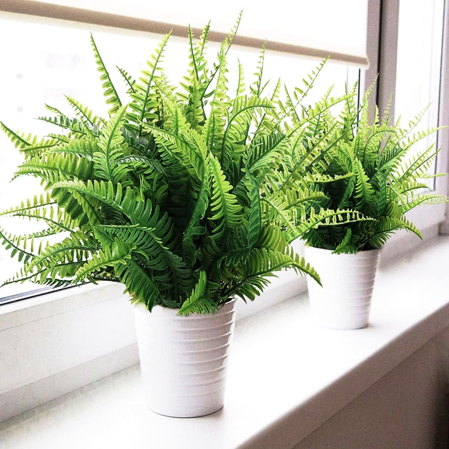 12pcs Artificial Flowers for Outdoor Fake Ferns Artificial Boston Fern Plant Artificial Ferns for Outdoor UV Resistant Plastic Plants (Green)