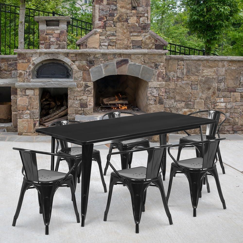 Flash Furniture Oakley Commercial Grade 31.5" x 63" Rectangular Silver Metal Indoor-Outdoor Table Set with 6 Arm Chairs