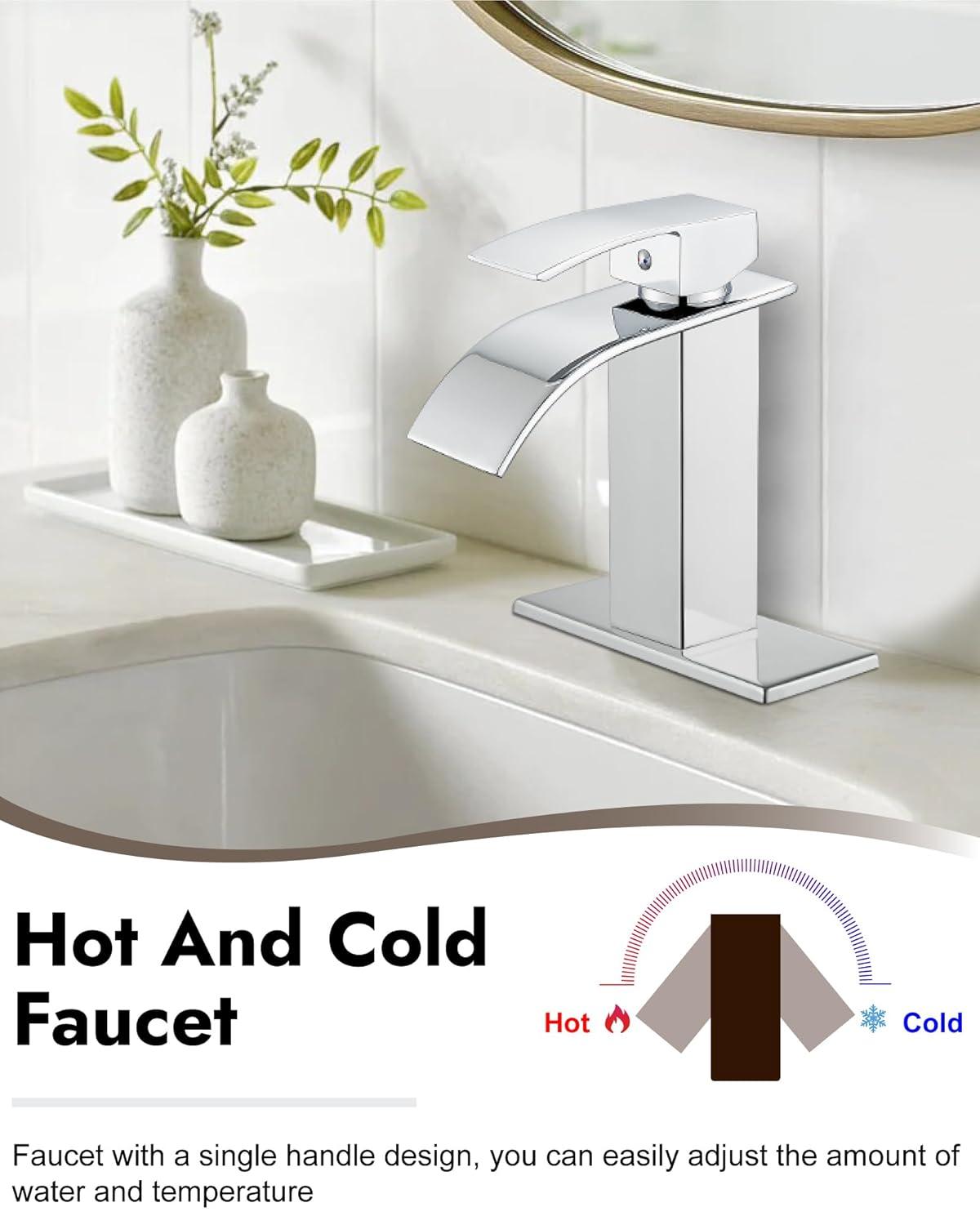 Midanya Waterfall Spout Bathroom Faucet Single Handle 1 Hole Bathroom Sink Faucet,Modern RV Lavatory Vanity Basin Tap with Water Hose,Short Body,Polish Chrome