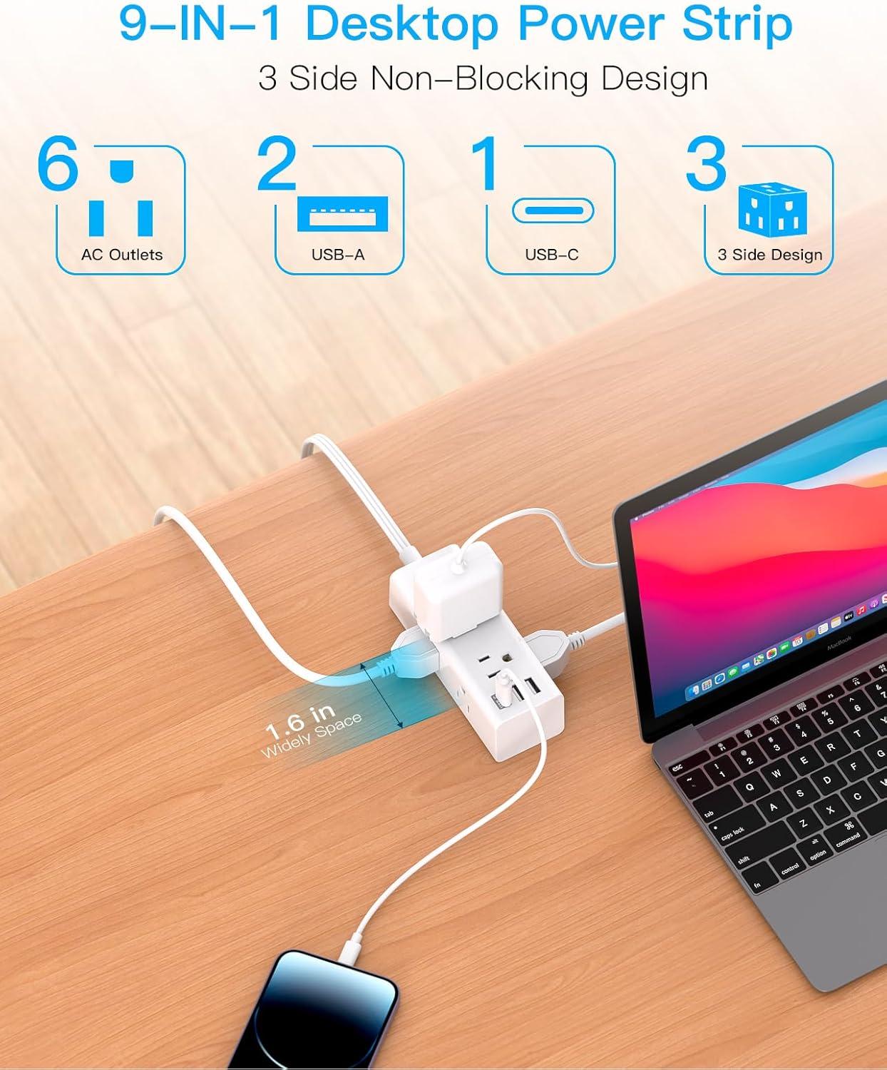 10Ft Extension Cord with Multiple Outlets, Flat Plug Power Strip Surge Protector with 10 Ft Long Cord, 6 Outlet 3 USB Ports (1 USB C), Multi Outlet Wall Plug for Travel, College, Dorm Room Essentials