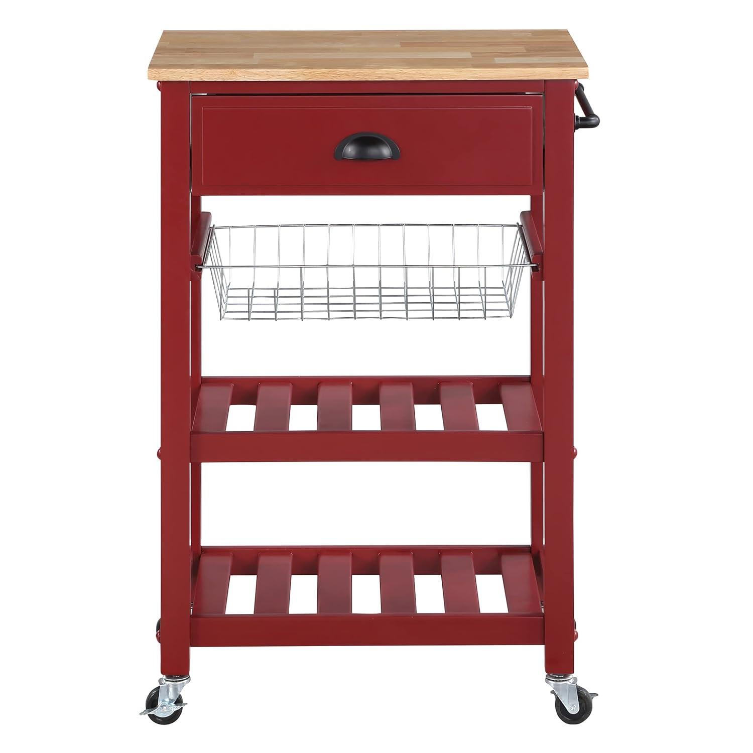 Hampton Engineered Wood Kitchen Cart With Wood Top and Red Base