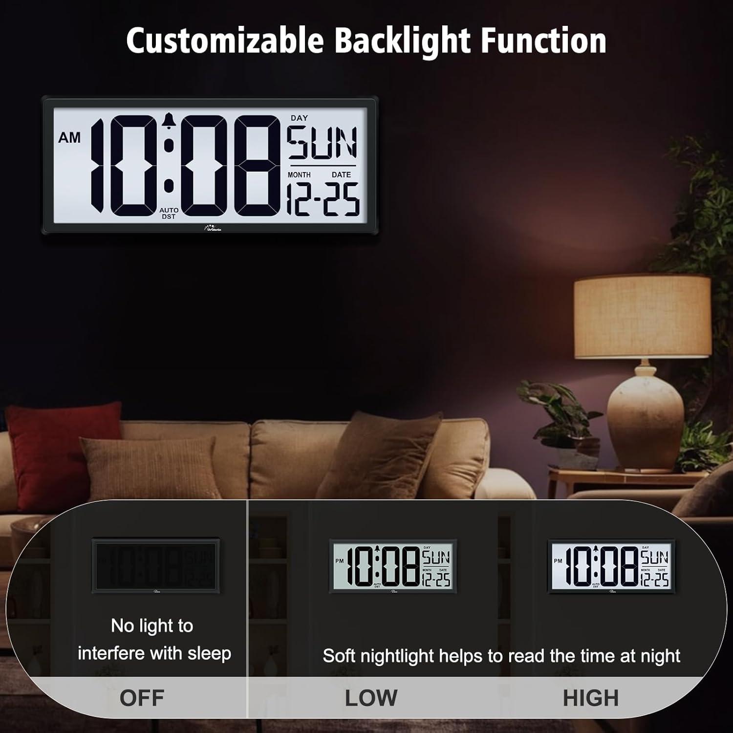 14.5" Large Digital Wall Clock Battery Operated with Jumbo Numbers Digits LCD Screen Display,Temperature,Day and Date,Alarm,Easy to Read and Set, Auto DST for Bedroom,Office,Living Room（Black）