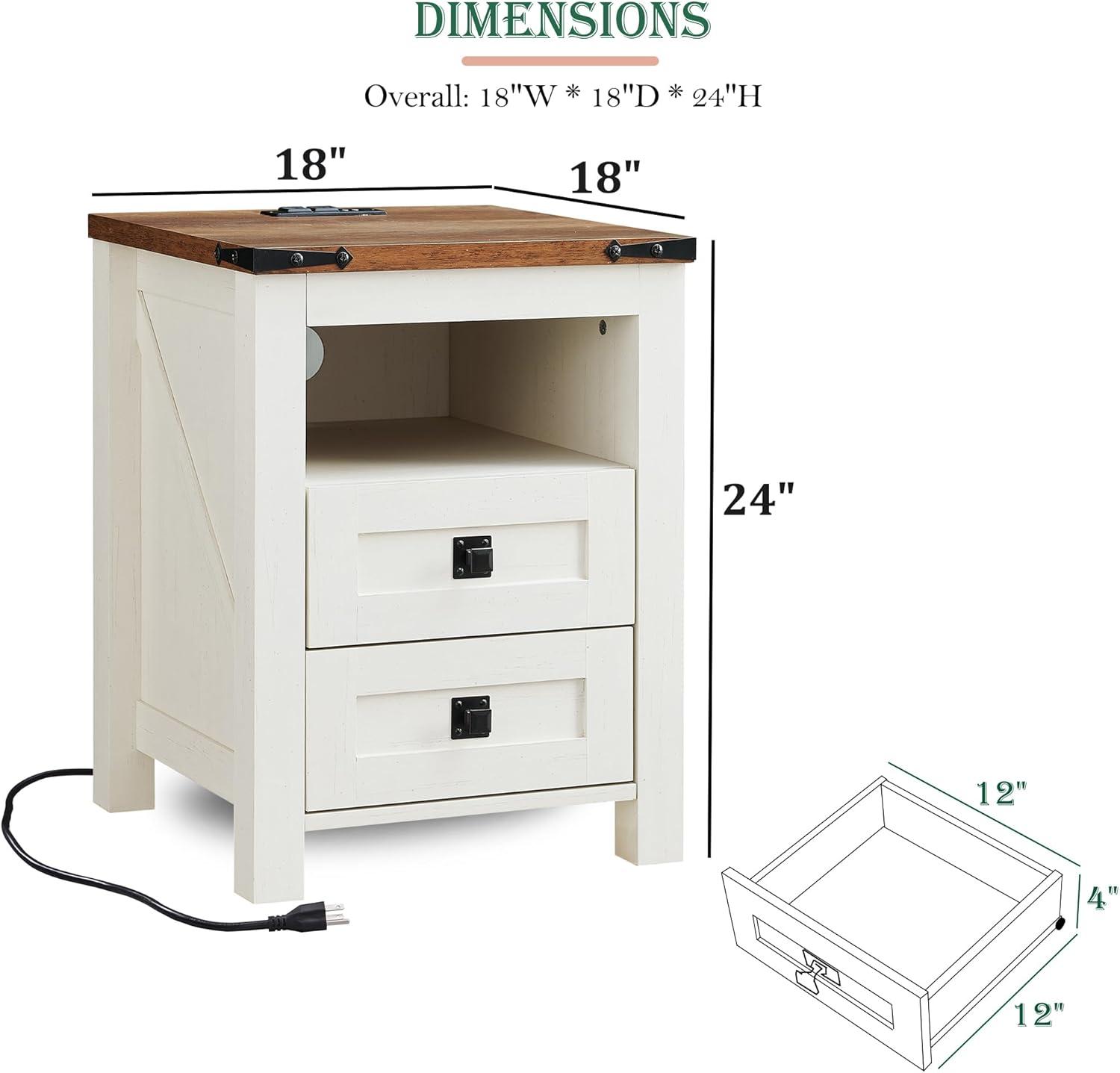 Antique White Rustic Wood Nightstand with Charging Station and 2 Drawers