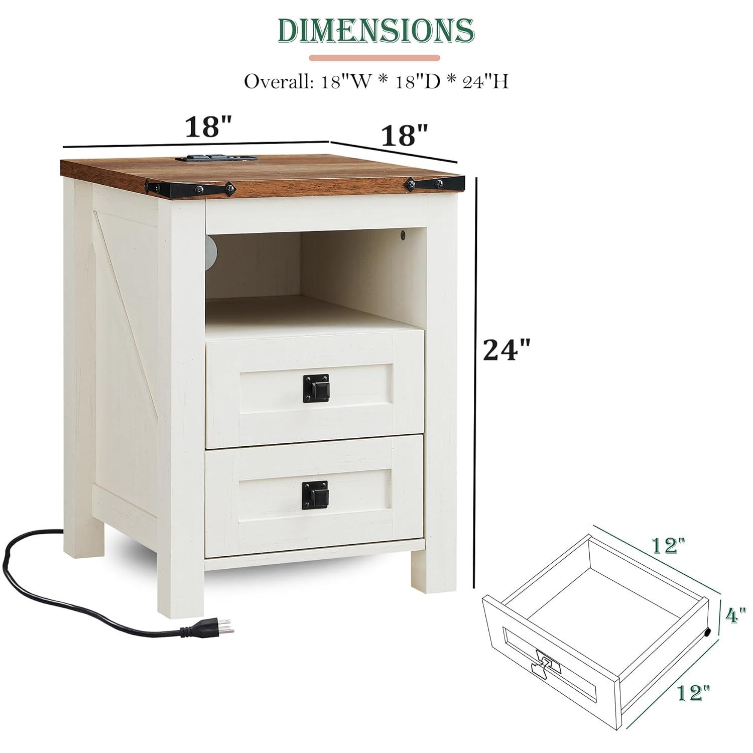Antique White Rustic Wood Nightstand with Charging Station and 2 Drawers