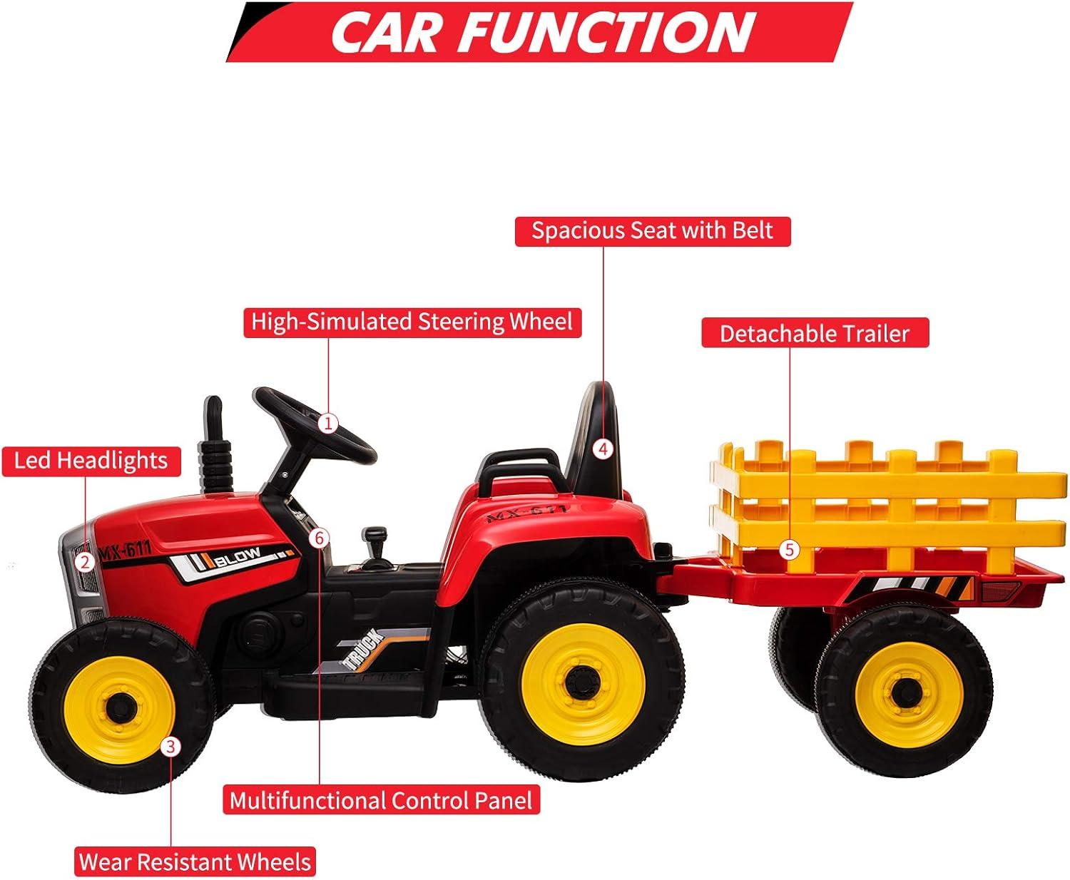 Red 12V Kids Electric Tractor with Remote Control and Trailer