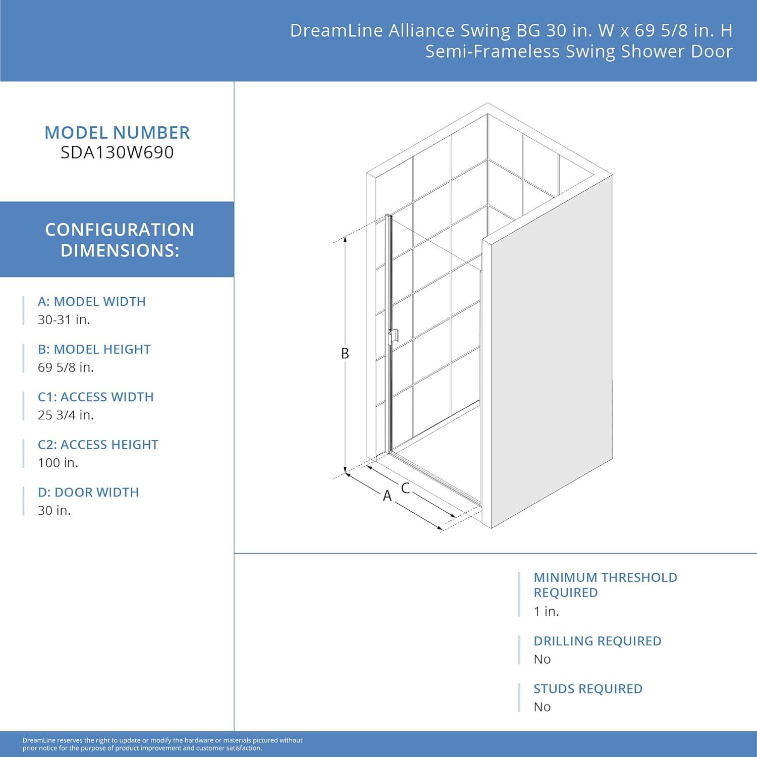 Alliance Swing BG 28” W x 66” Semi-Frameless Shower Door