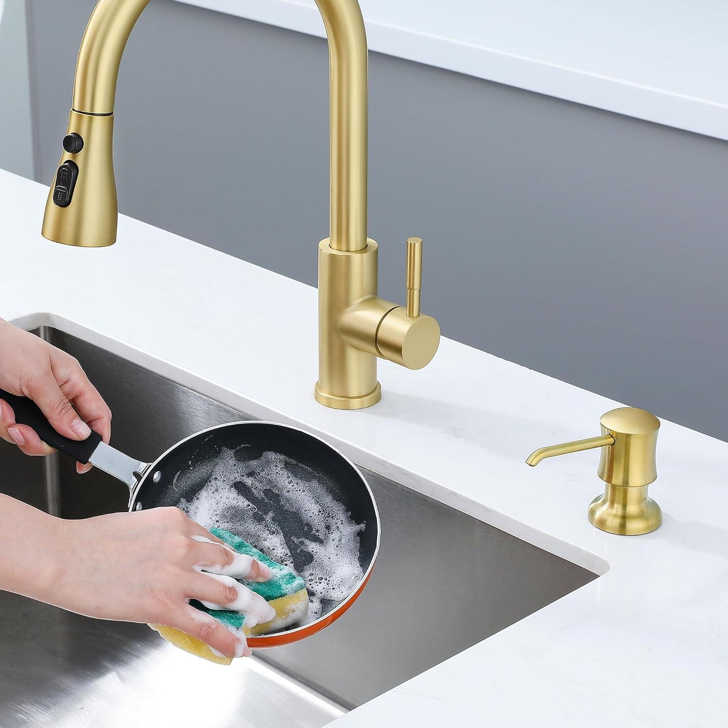 Sink Soap Dispenser for Kitchen Sink Brushed Gold Upgrade with 40" Silicone Extension Tube Kit, Connect to Your Soap Bottle Directly