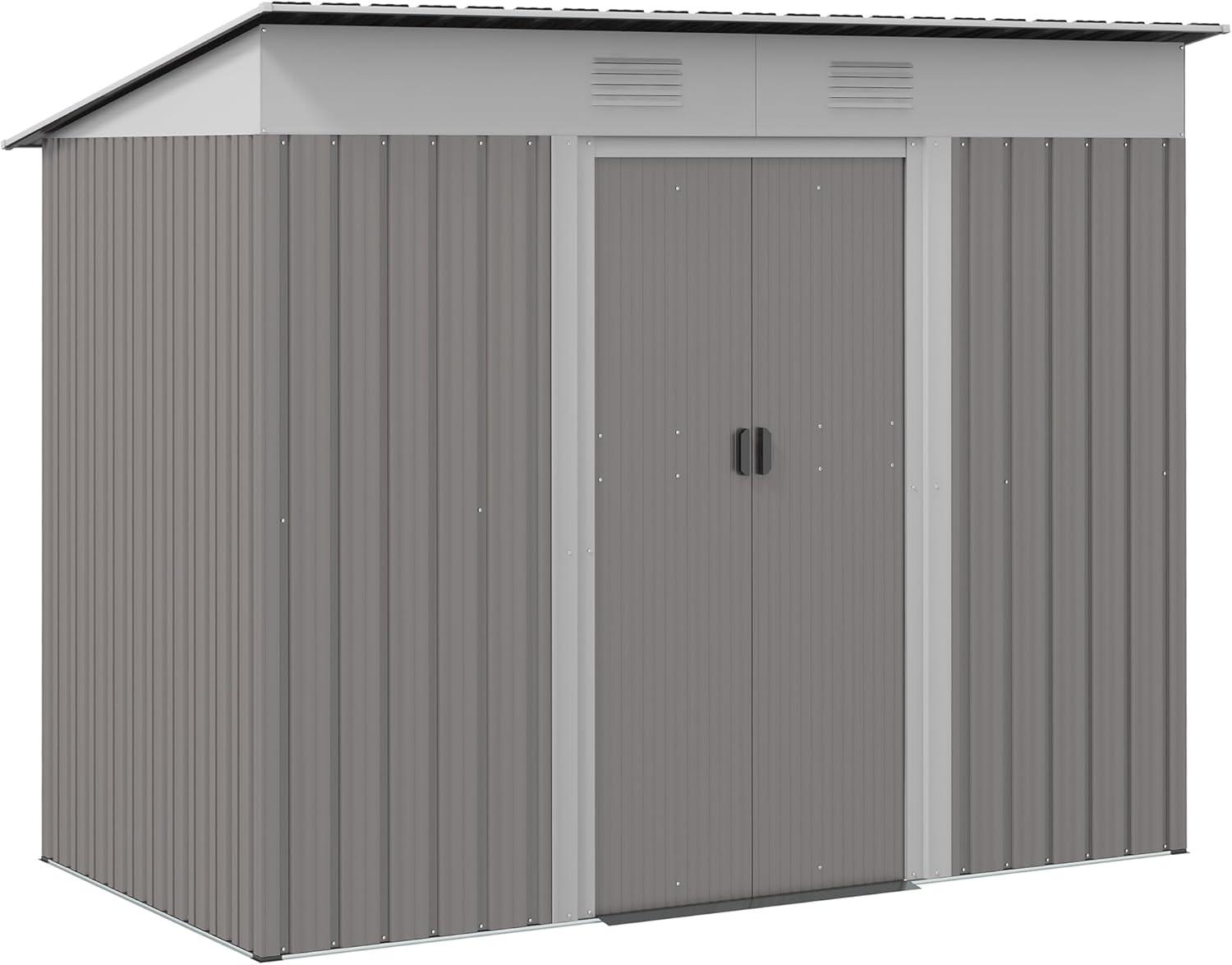 Outsunny 7' x 4' Metal Lean to Garden Shed, Outdoor Storage Shed, Garden Tool House with Double Sliding Doors, 2 Air Vents for Backyard, Patio, Lawn, Gray