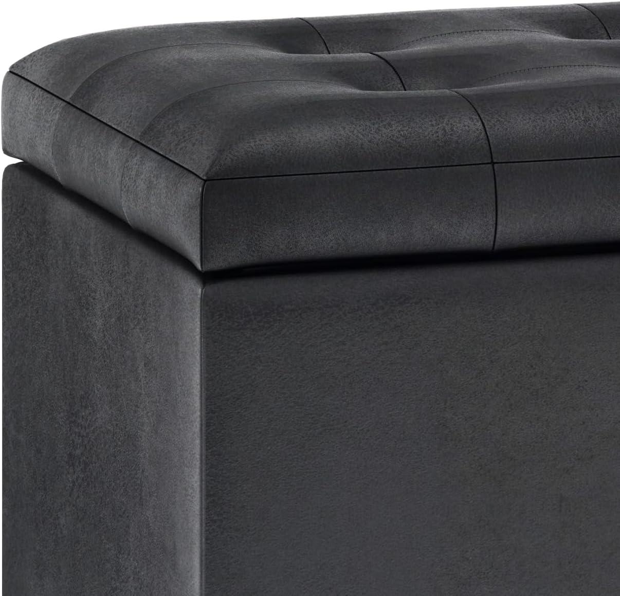 Simpli Home Cosmopolitan 34" Transitional Rectangle Ottoman in Black Faux Leather