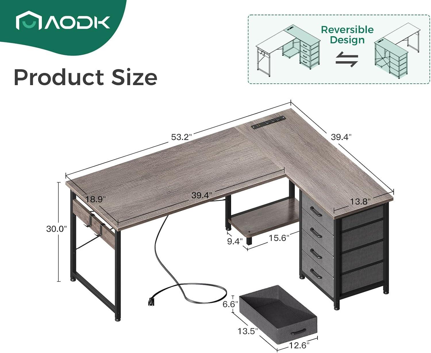 Grey Oak L-Shaped Gaming Desk with Drawers and Power Outlets