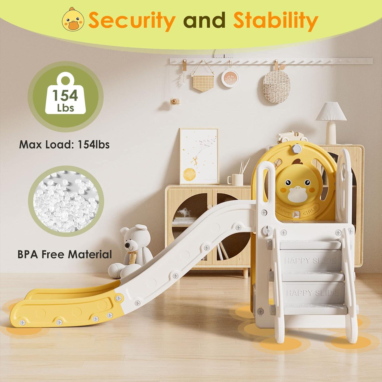 Yellow Duck Theme 5-in-1 Toddler Slide with Basketball Hoop