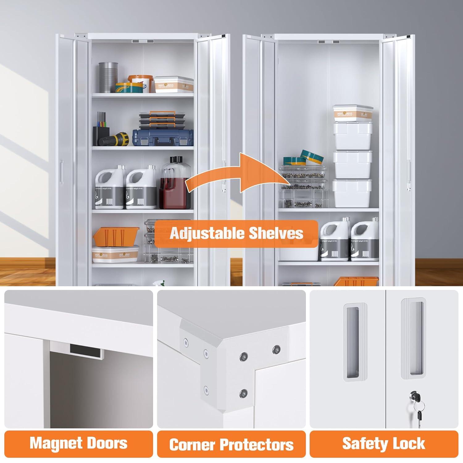 AOBABO 72 Inch Locking Metal Garage Home Office Storage Cabinet with Universal Rubber Wheels/Lockable Casters and Magnetic Doors, White