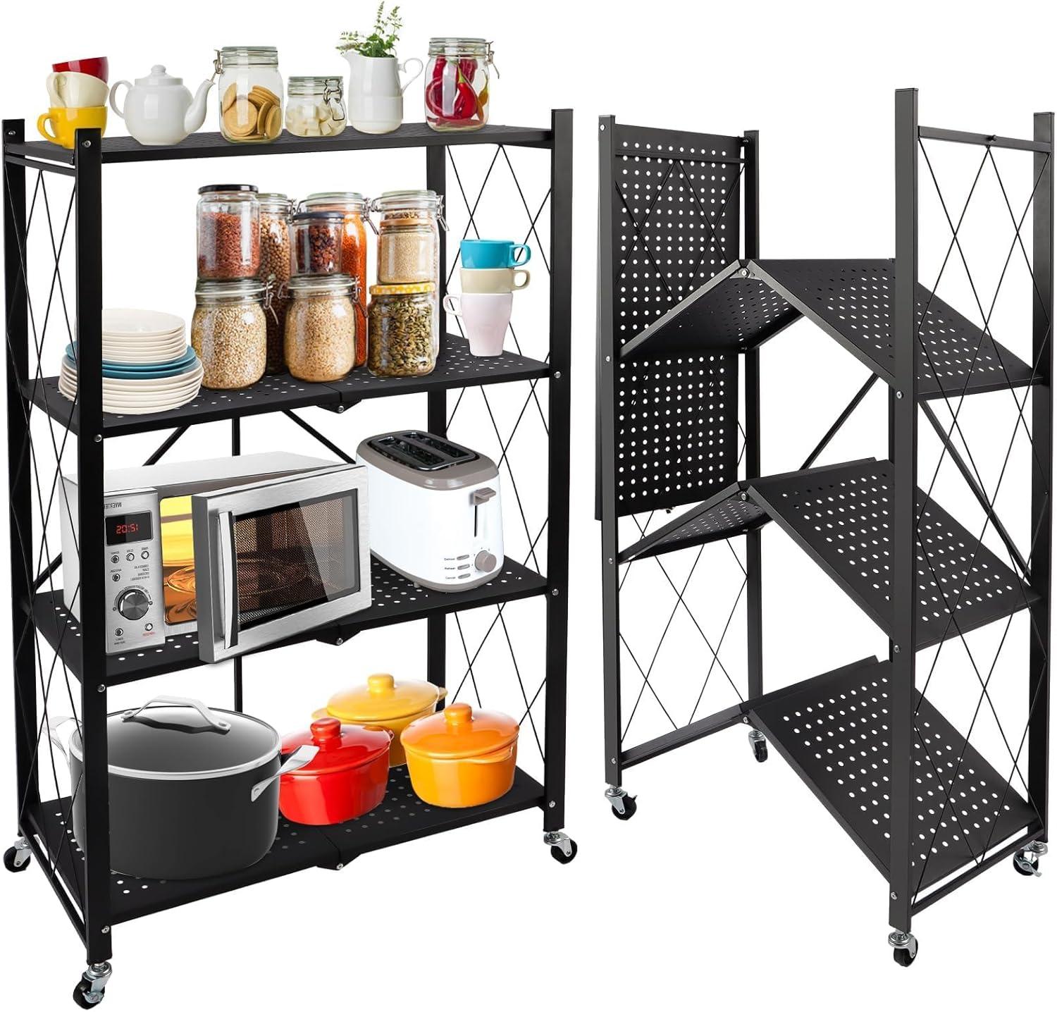 Foldable Storage Shelves, Heavy Duty Metal Shelving Unit for Garage, Kitchen & Basement Organization - 4-Tier Rack with Wheels, Easy Assembly, Black