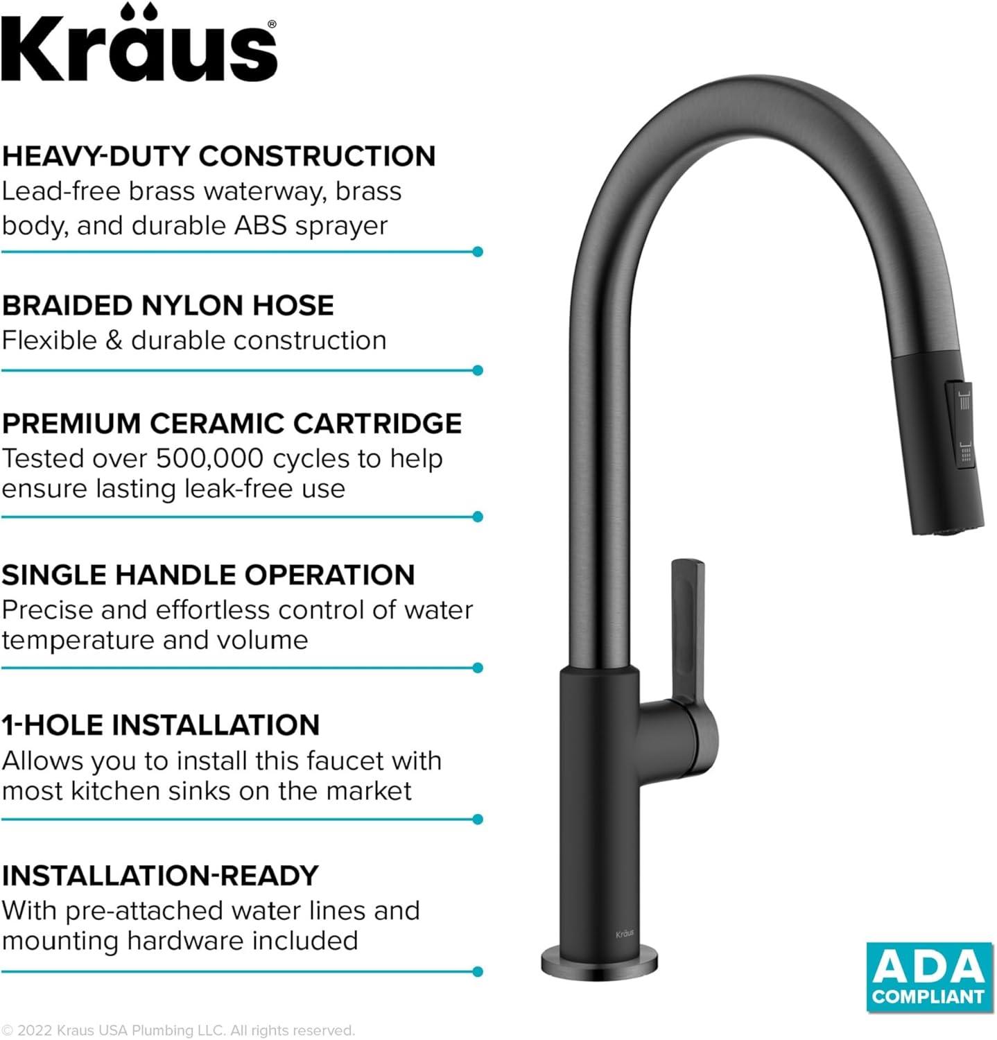 KRAUS Oletto Single Handle Pull Down Kitchen Faucet in Matte Black / Spot Free Black