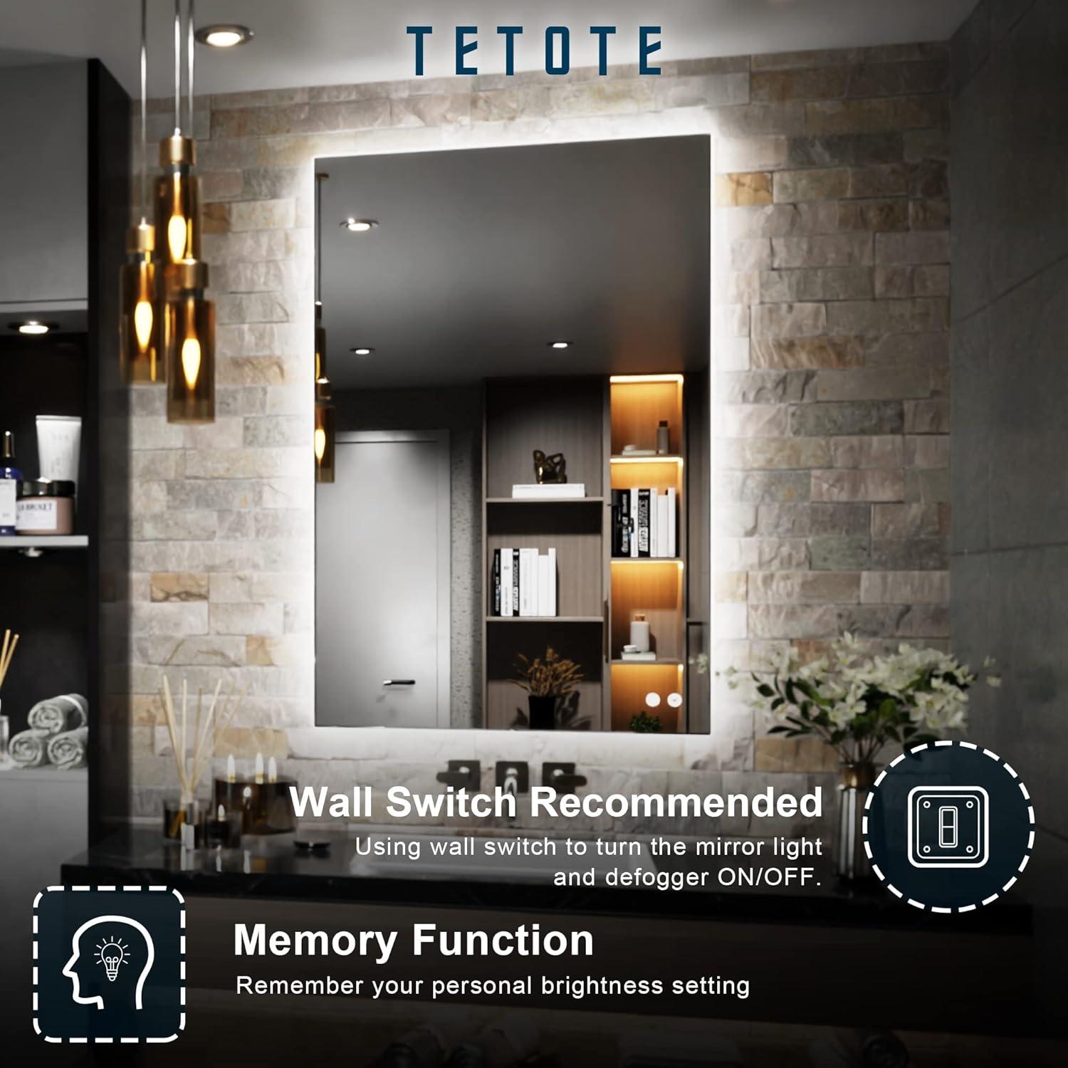 TETOTE 24 x 36 Inch LED Mirror Backlit Bathroom,Anti-Fog Mirror with Light,Dimmable,CRI90+,IP54 Water Proof,Wall Mounted Vanity Lighted,Horizontal/Vertical