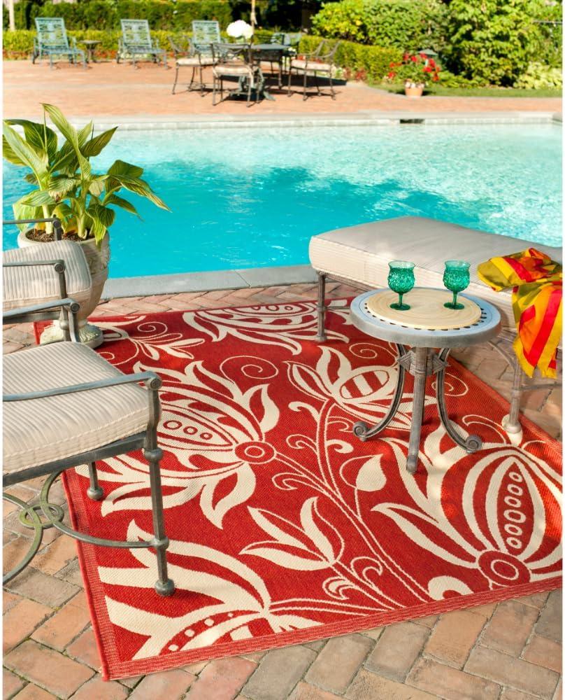 Red and Natural Floral Rectangular Synthetic Area Rug