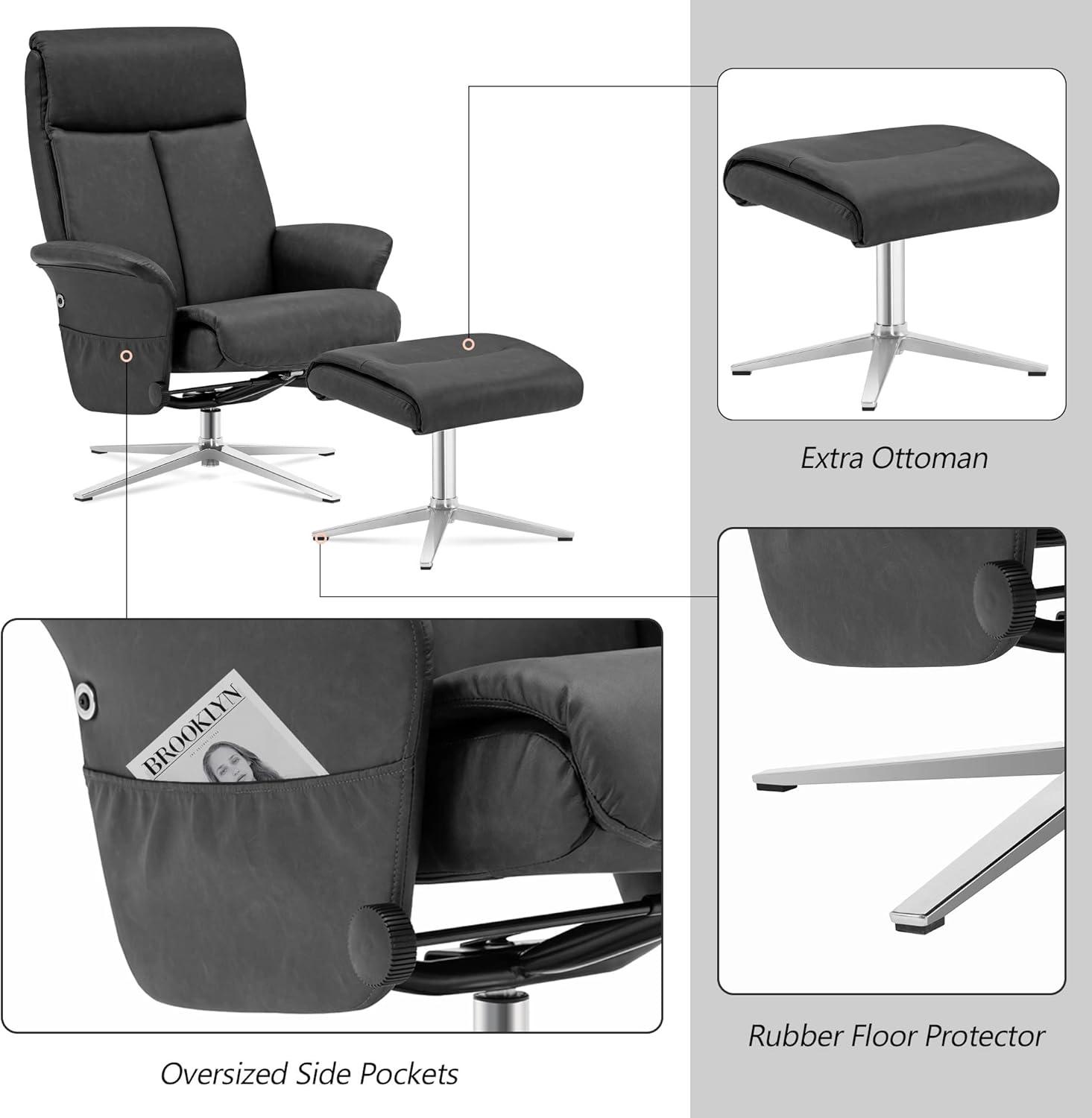 MCombo Recliner with Ottoman, Adult Faux Leather Living Room Chair with Adjustable Backrest and Ottoman
