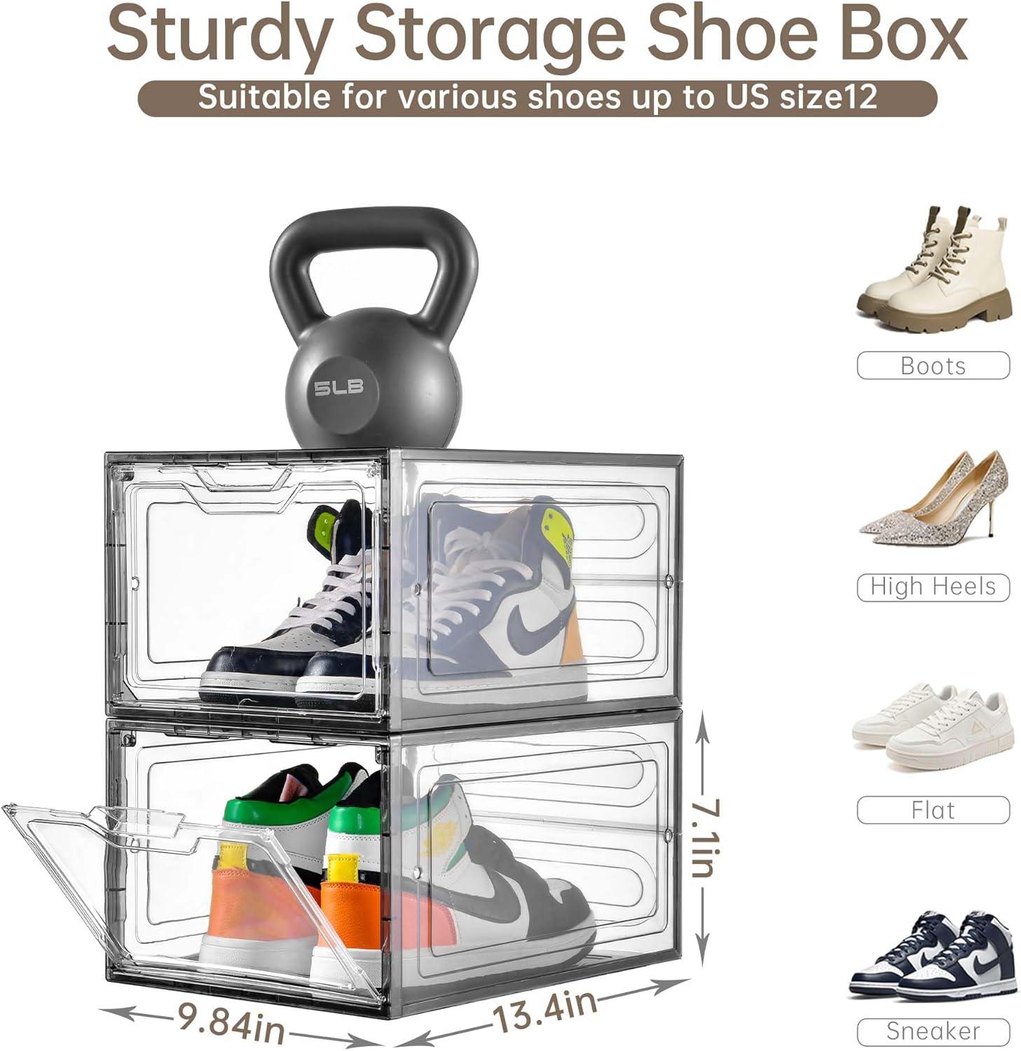 12 Pack Shoe Storage Boxes, Stackable Clear Boxes With Doors, Organizer Containers For Sneakers - Fit US Men's/Women's Size 12 (13.4"x 9.8"x 7.1")