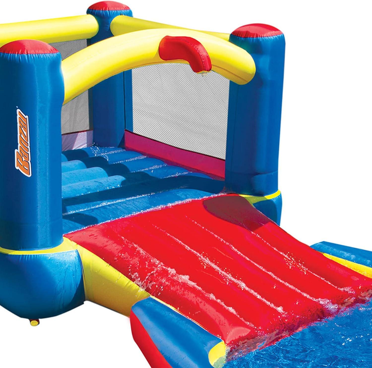 Banzai Bounce ’N’ Splash Water Slide, Heavy Duty Inflatable Outdoor Water Park w/ Bounce House, Slide, and Splash Pool, for Kids Ages 5-12, Multicolor