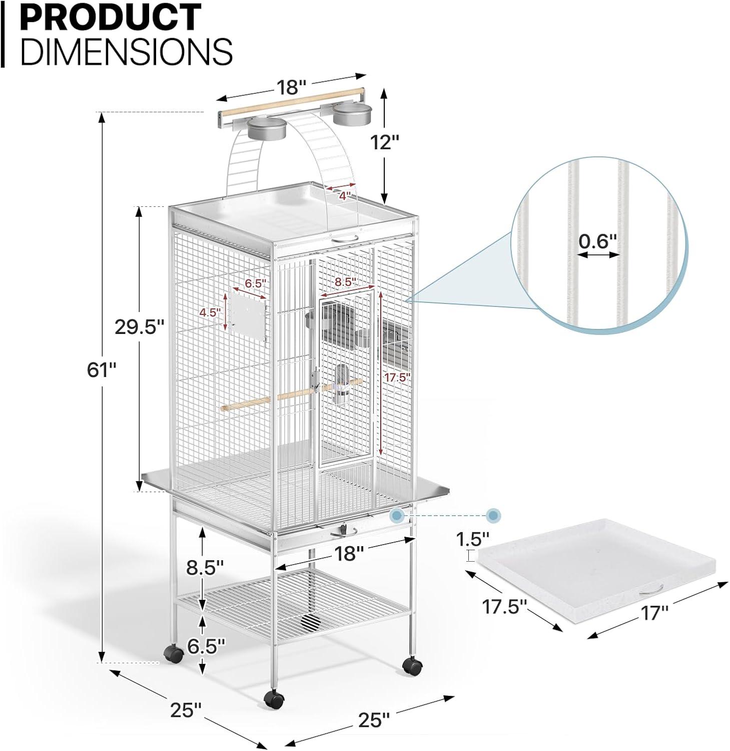 Large Rolling Bird Cage with Play Top and Perches, 61"