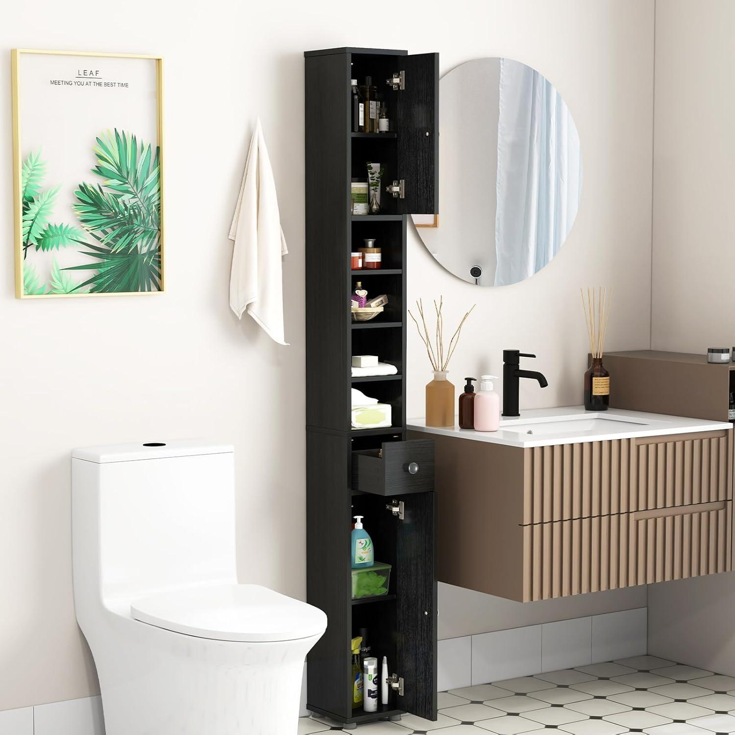 Tangkula Tall Slim Bathroom Storage Cabinet 71" Freestanding w/ 2 Doors 1 Drawer & 5 Adjustable Shelves Narrow Tower Cabinet for Small Spaces Black