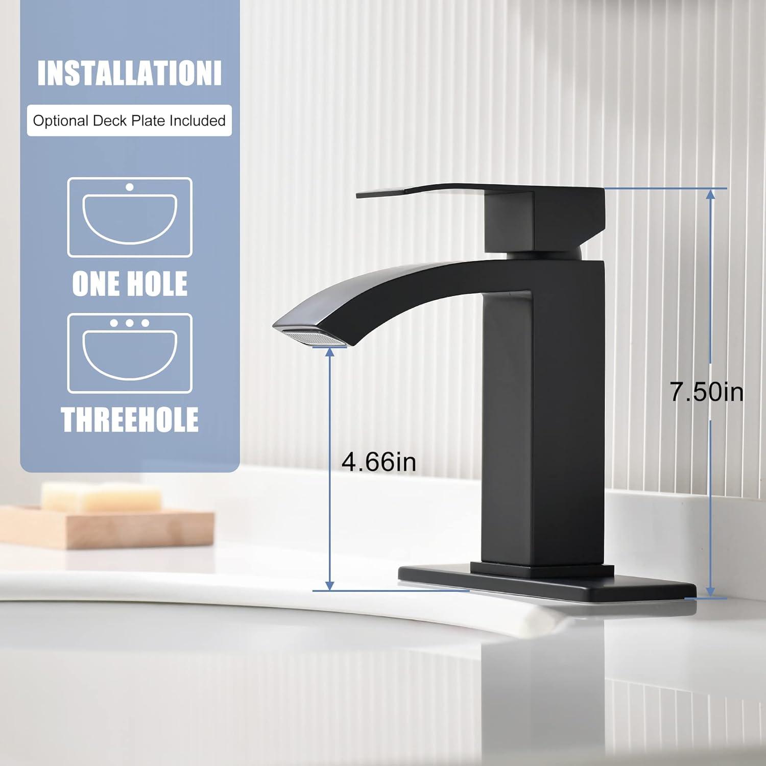 Matte Black Single Handle Waterfall Bathroom Faucet with Pop-Up Drain