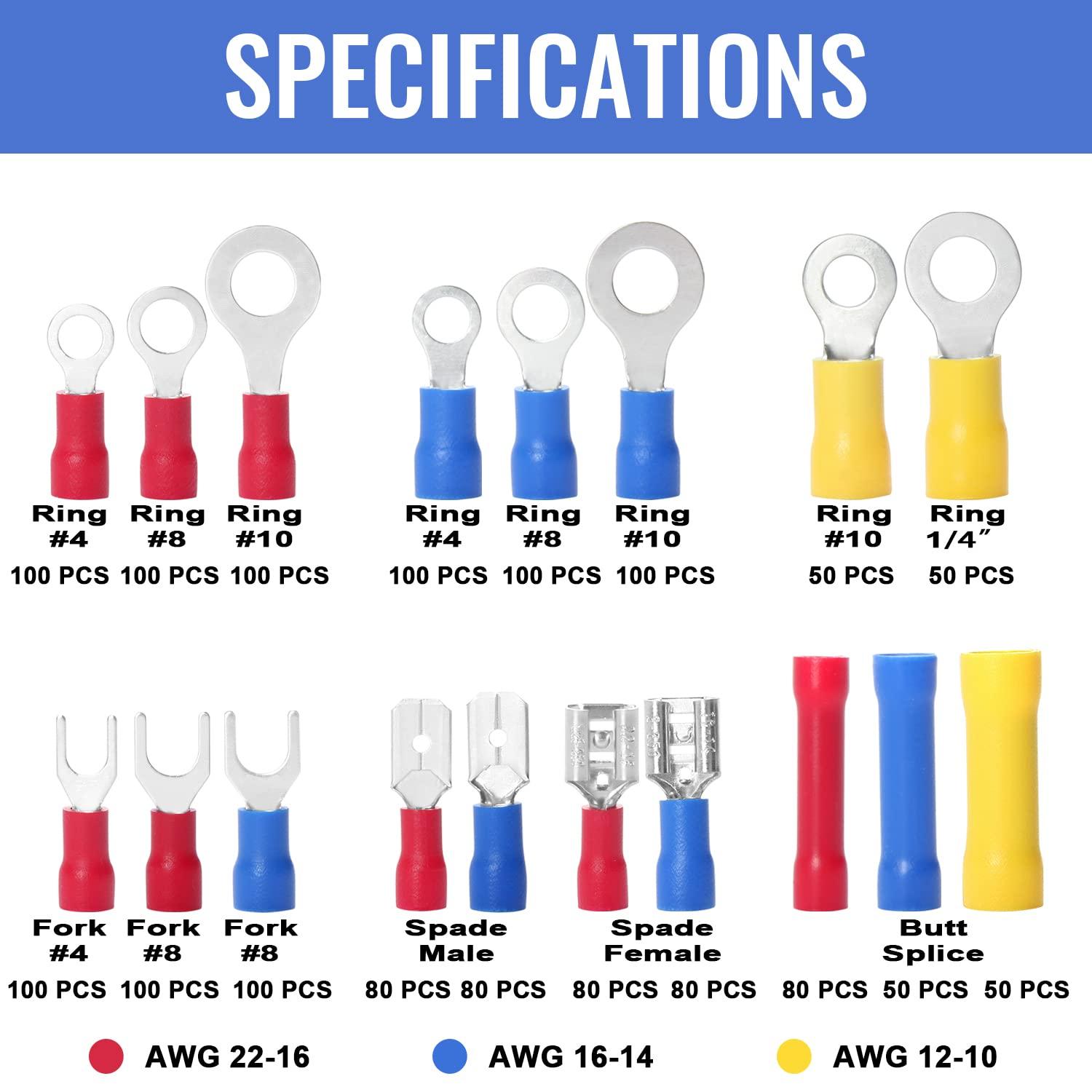 Qibaok 1500pcs Wire Connectors - Insulated Electrical Wire Terminals (Copper) - Ring, Butt, Spade, Fork Connector Kit - Red, Blue, Yellow